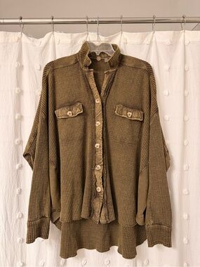 Free People Waffle Knit Button-Down Shirt - Olive